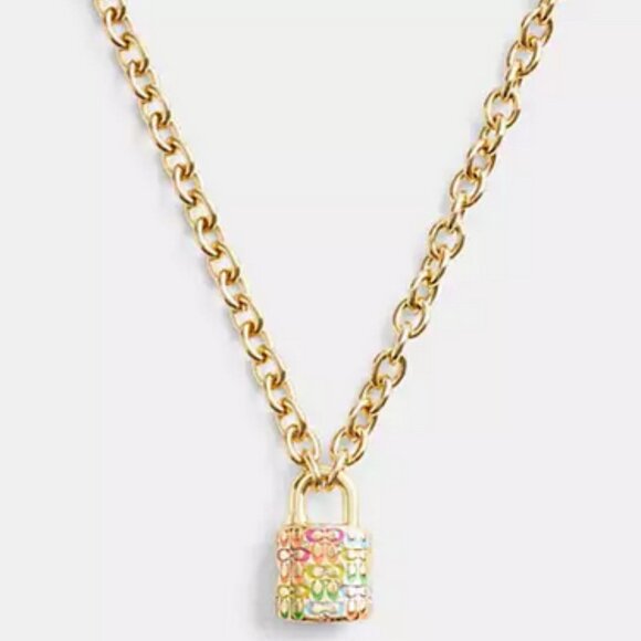 Coach Rainbow Quilted Padlock Chain Necklace Chunky NWT - Picture 1 of 8